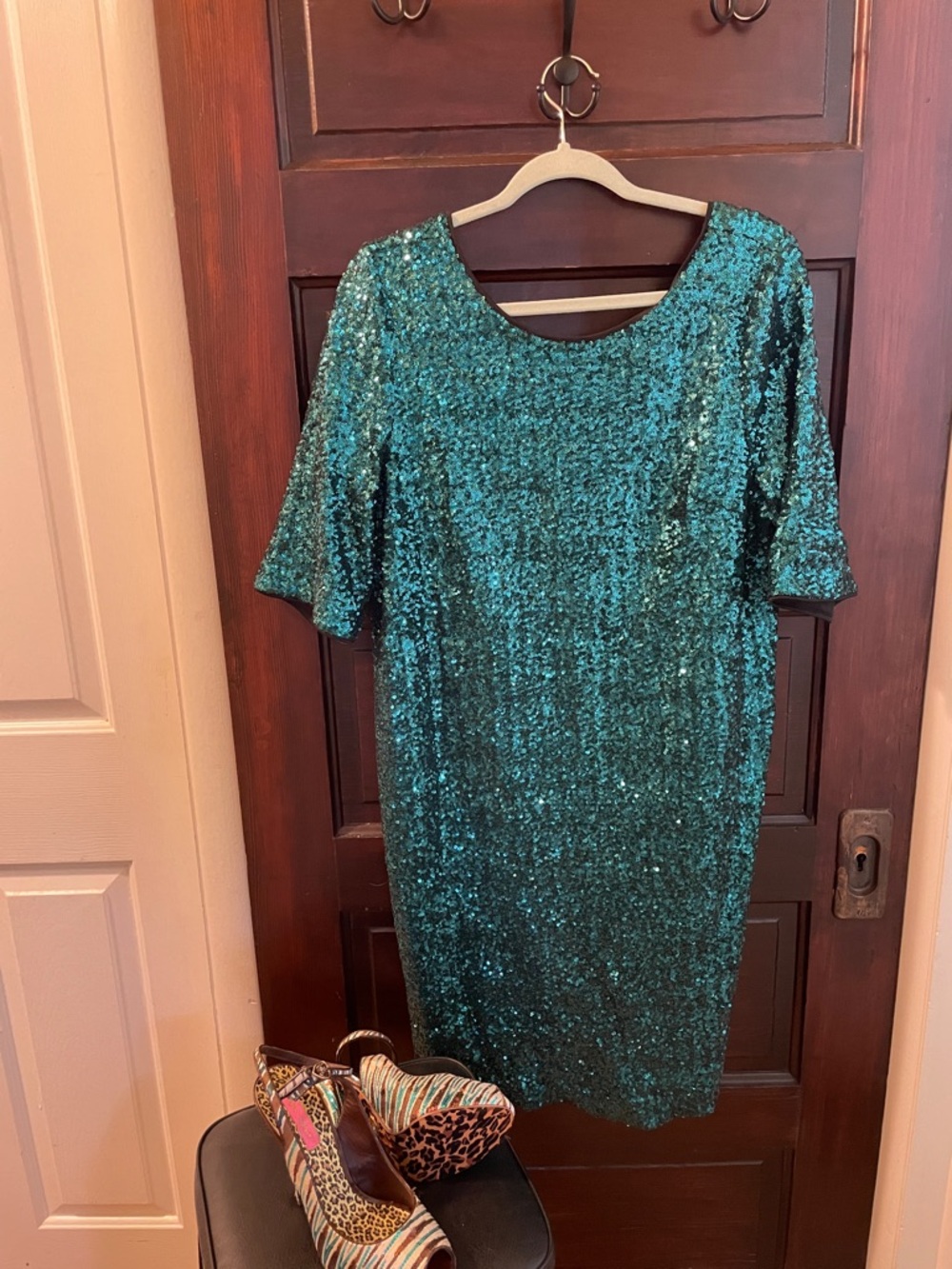 Betsey Johnson Teal Sequin Midi Dress and matching shoes.  Dress size 16 shoes 9